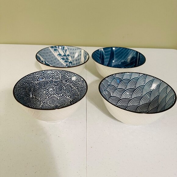 Set Of 4 Porcelain Bowls Blue & White Rice Bowls Tea Bowls Ramen Soup Bowls - Picture 2 of 12